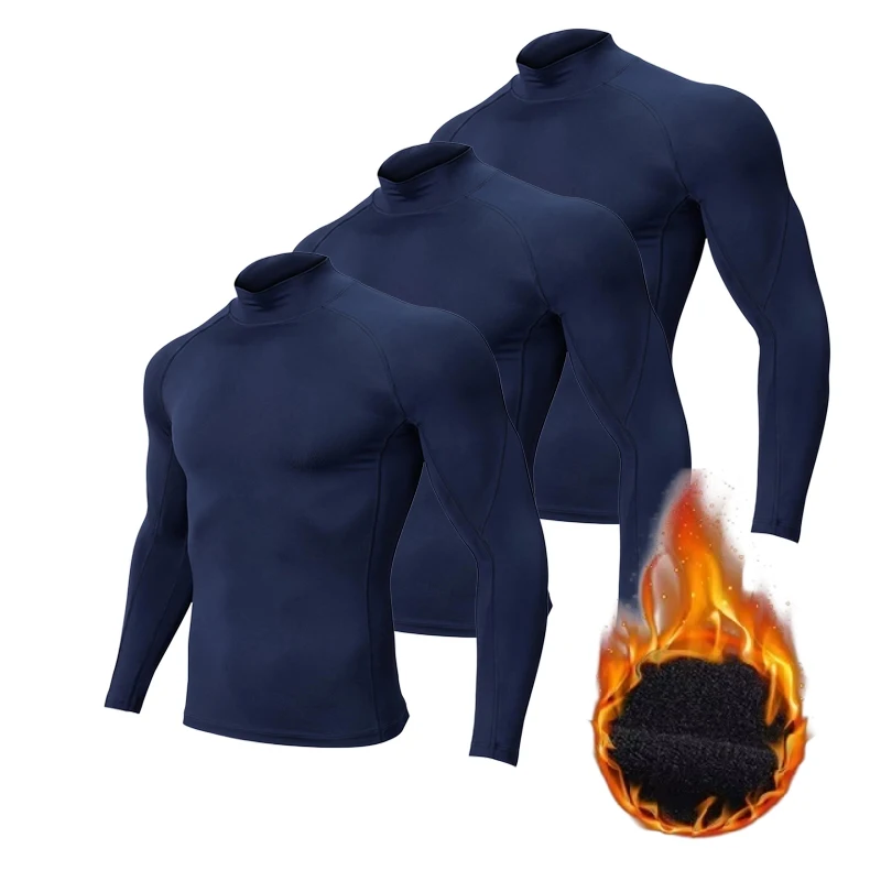3er-Pack Herren-Fleece-Langarmshirt mit hohem Kragen, kompressionsaktiv, elastisch, eng anliegend, als Sportunterwäsche für Herbst und Winter, warm, ideal für Fitnessstudio und Sport. – Detail 5