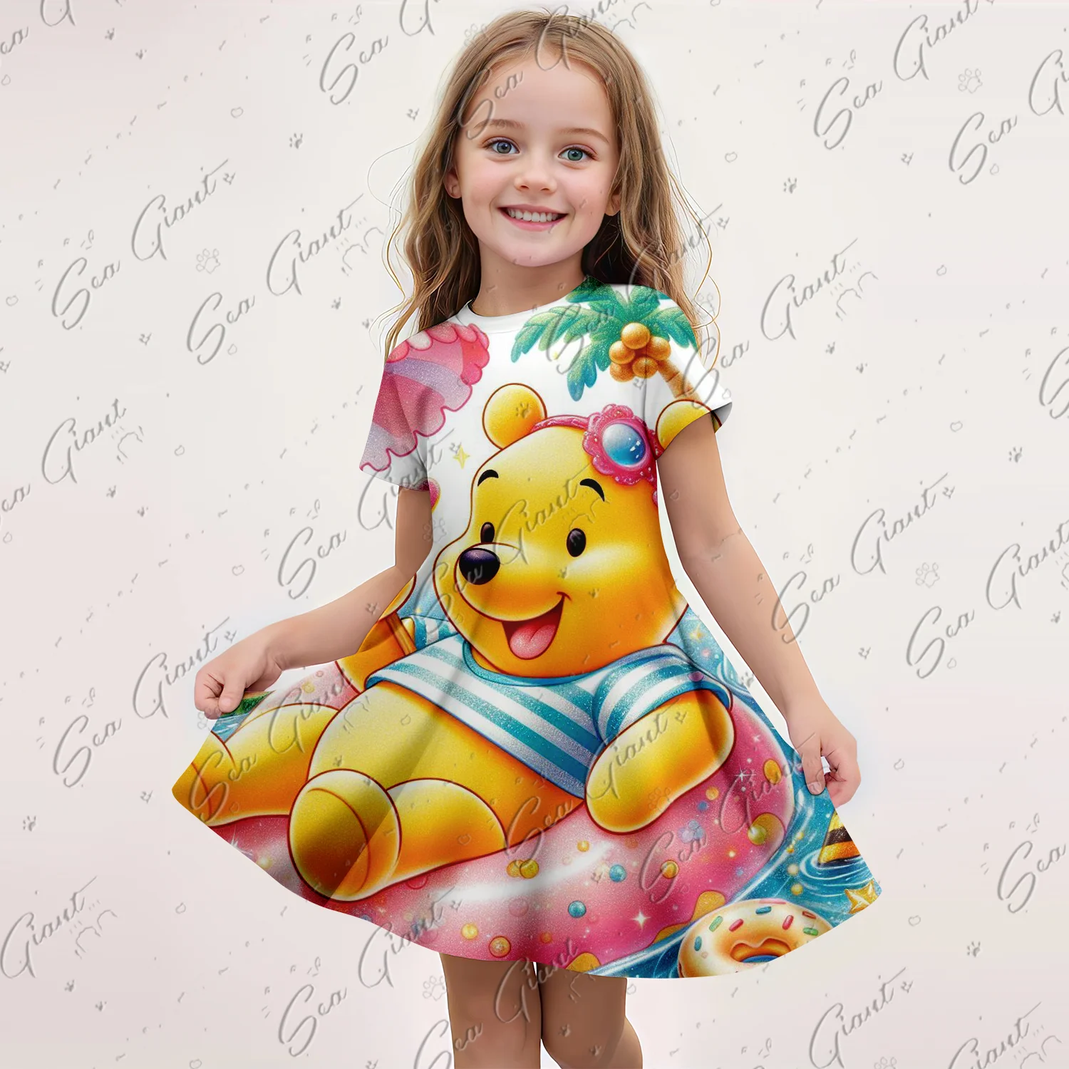 New MINISO Summer Girls Pooh Bear 3D Printing Princess Dress Fashion Cartoon Cute Dress Kids Funny Short Sleeve Cosplay Clothing