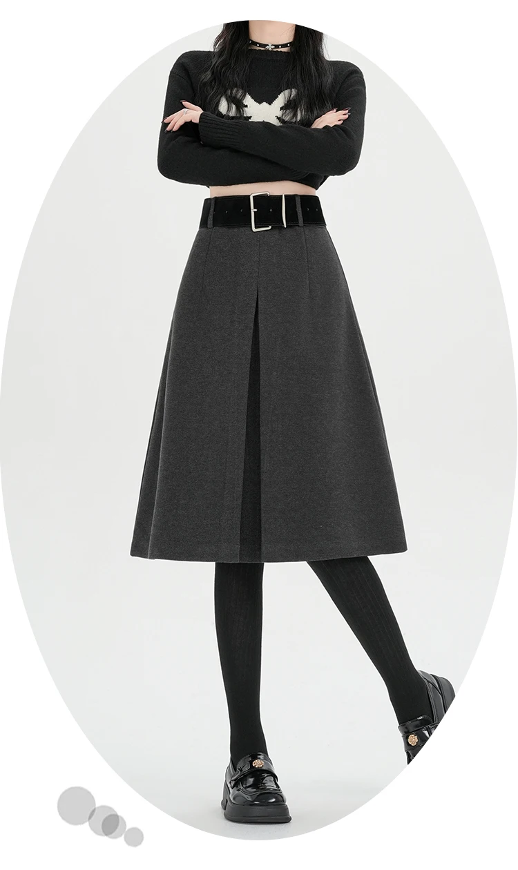 Hochgeschnittener Rock für Damen, Herbst/Winter 2026, Neuheit, Wollrock für Damen, Grau oder Schwarz, A-Linien-Rock für Damen mit Gürtel, Bestseller – Detail 15