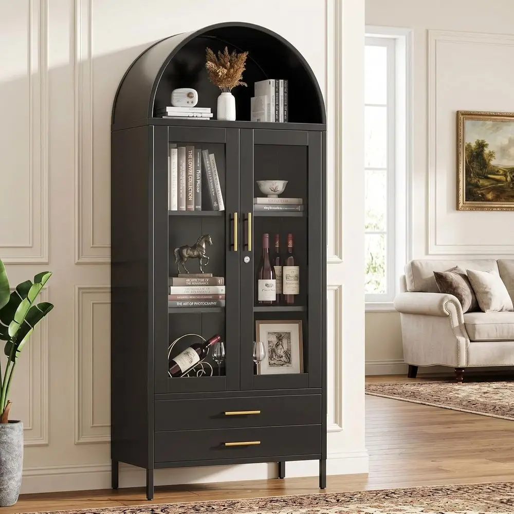 73 High Glass Door Display Cabinet with 2 Drawers, Metal Frame, Adjustable Shelves, Lockable, Assembly Needed, Black
