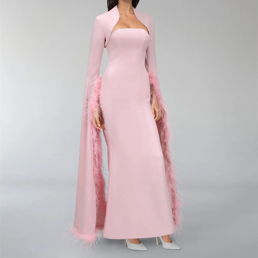 

ROYET Square Neck Long Sleeve Feather Mermaid Evening Dress Ankle Length Sweep Train Classic Prom Gown New 2025 Customized