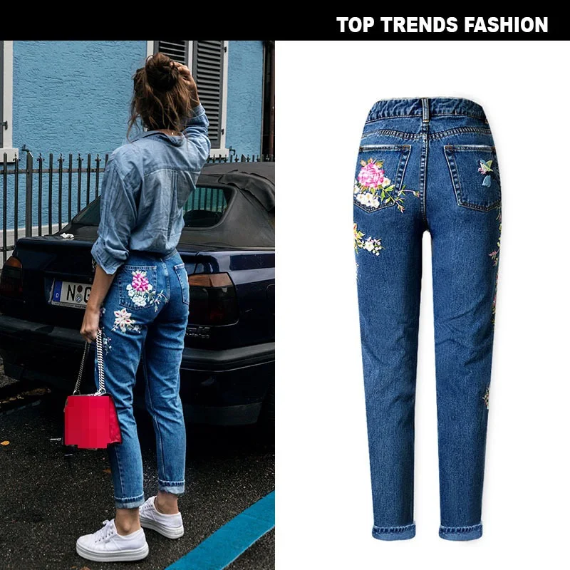 2023 Women Chic Floral Embroidered High Waist Jeans Straight Full Pants Fashion Streetwear Korean Style Cotton Denim Trousers