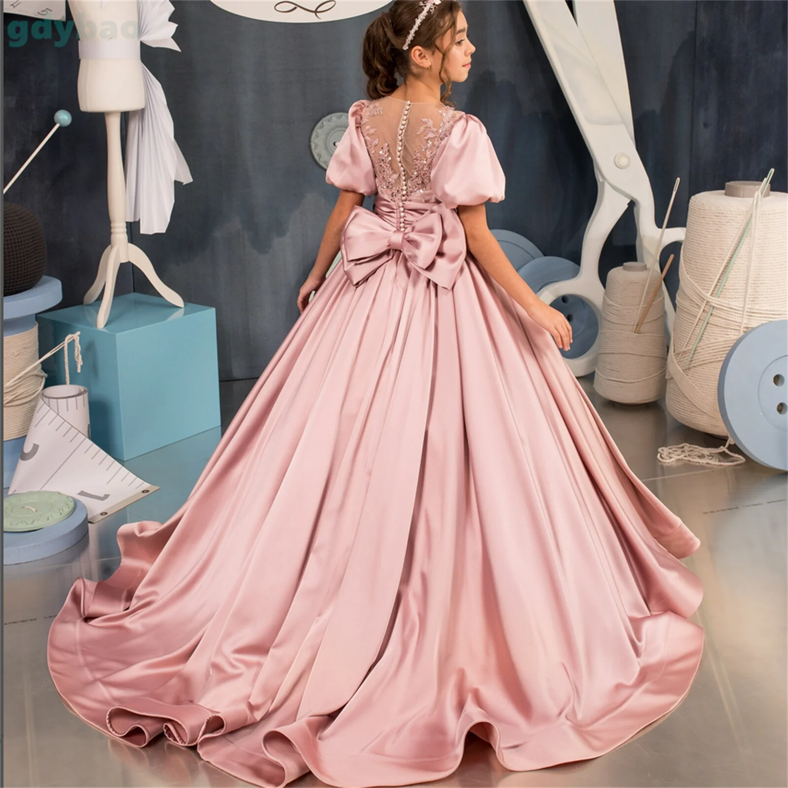 Rosa Satin Blumen mädchen Kleid für Hochzeit geschwollene Applikation kurze Ärmel boden lang mit Bogen Geburtstags feier Erstkommunion Kleid