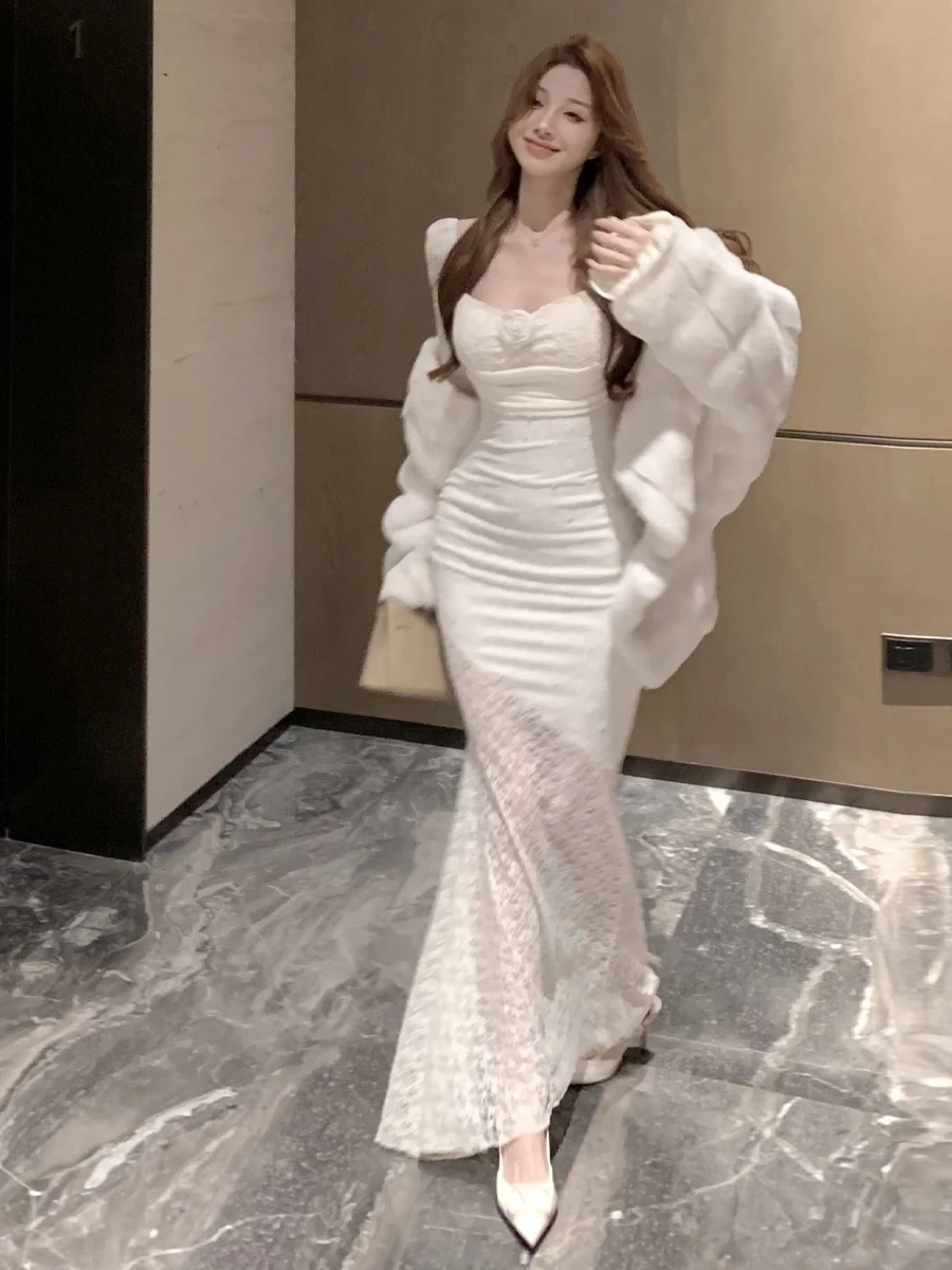 

Ele Pure Desire Sle Square Collar Long Sve Dr Sexy Lady Embroidered Lace Splicing Fi Tail Long Dr