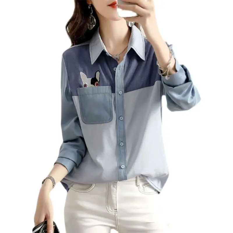 Fashion Color Matching Pocket Single-breasted Blouse Women New Classic Long Sleeve Polo Collar Blue Spring Autumn Shirt 2023