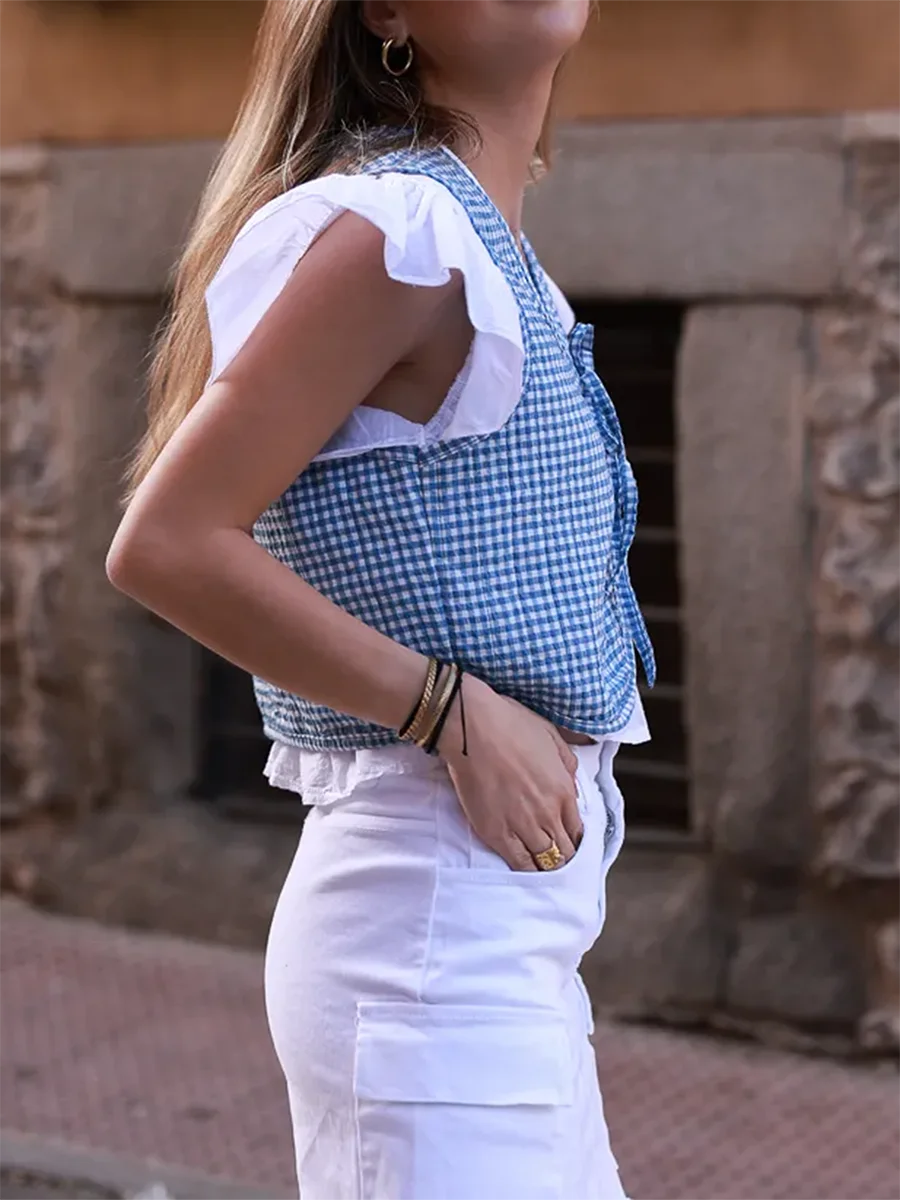 Women Vintage Gingham Vest Casual Tie Front Sleeveless Cardigan Waistcoat V-neck Checkered Cropped Vest Tops