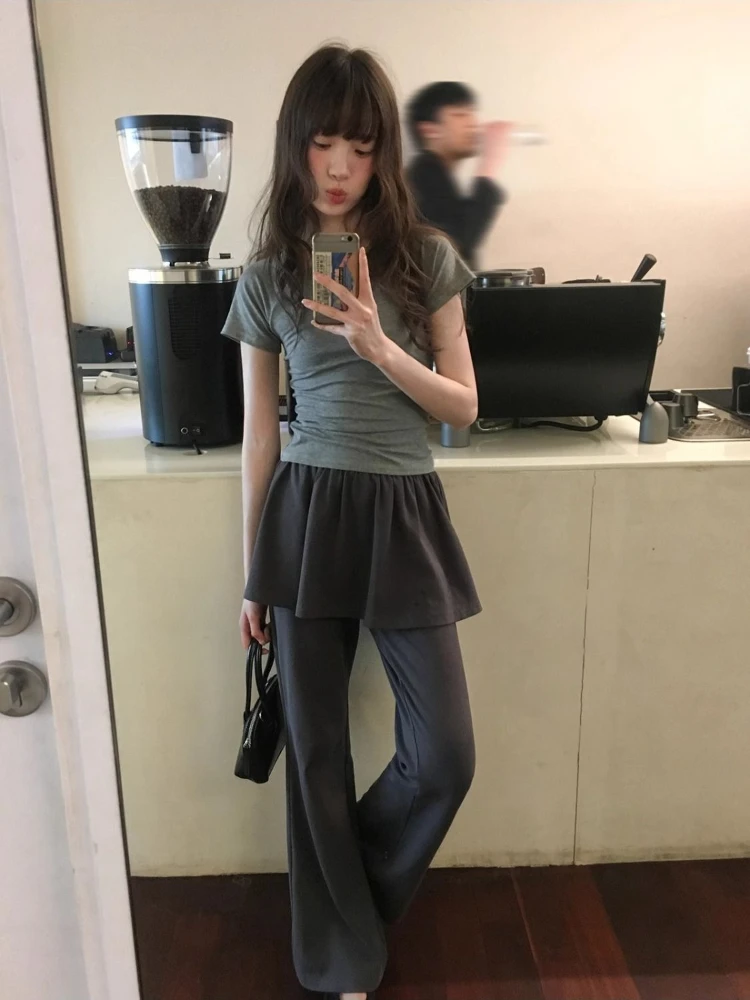 Deeptown Gray Fake Two-Piece Flared Pants Women Korean Fashion Skirts Patchwork Trousers Slim Casual Street Coquette Pantalones