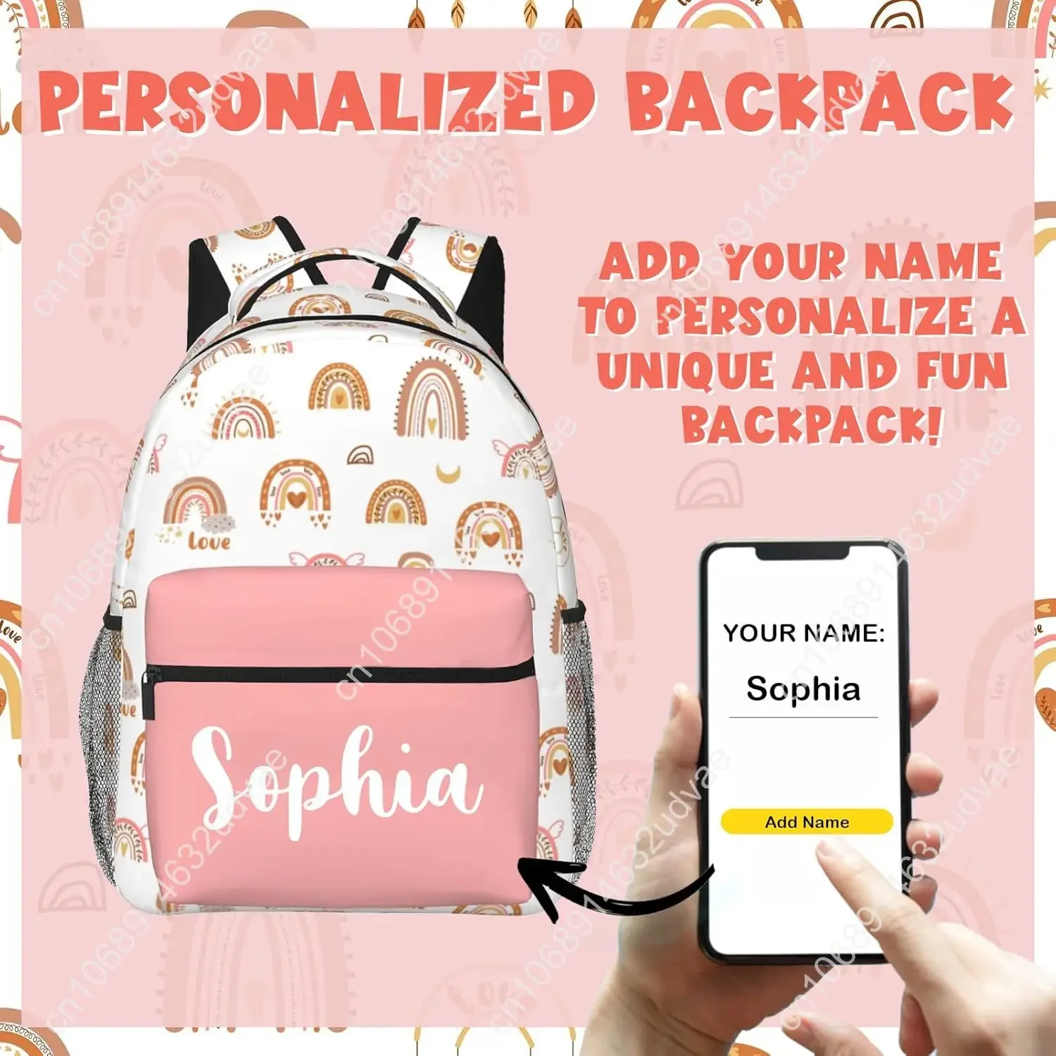 Personalized Backpack for Girls Boys, Custom Backpacks with Name for Kids, Customized Rainbow School Bookbag for Back to School