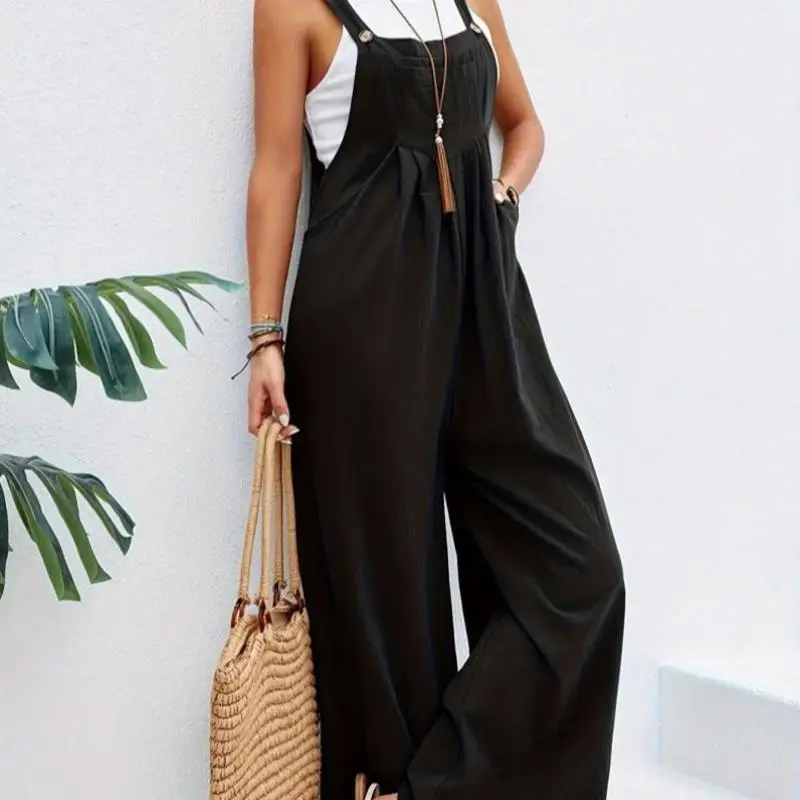 

Loose Wide Leg Jumpsuit with kets Faionable New Arrival 2025 Cross-Border Low Waist Five-Quarter Cotton Jumpsuit