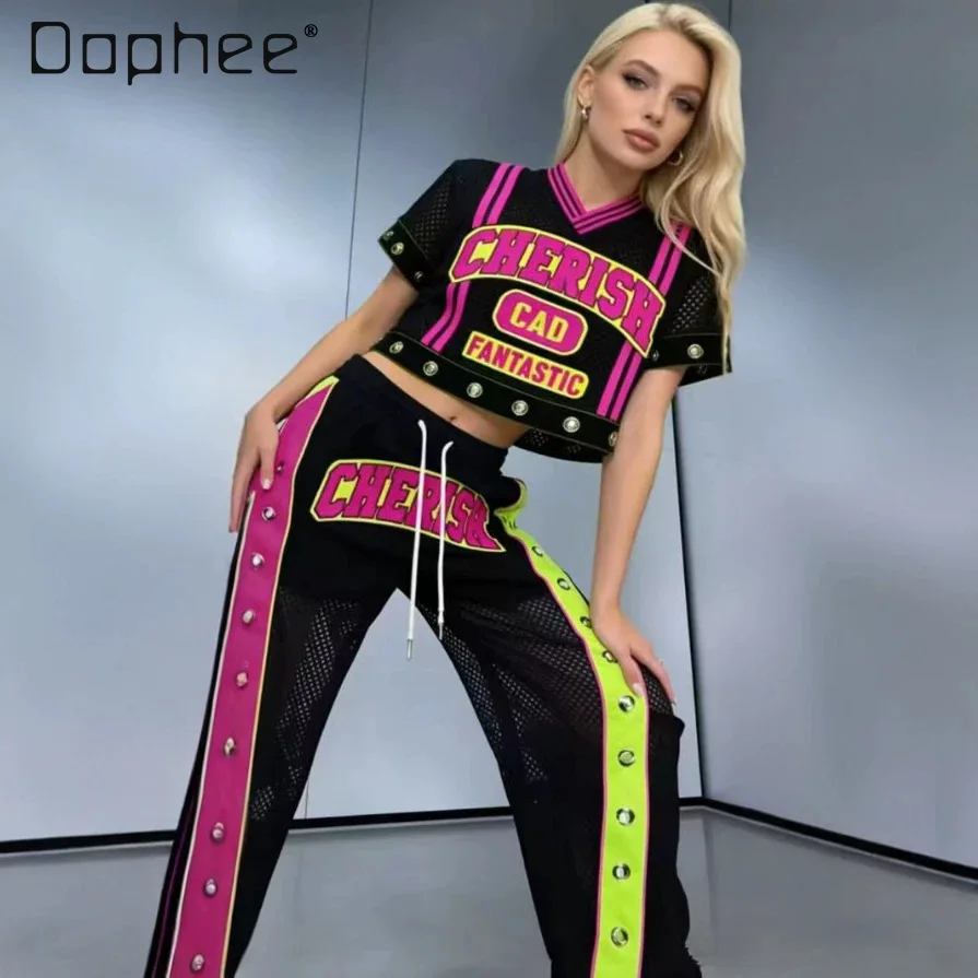 

Trend Two-piece Set 2026 Summer New Heavy Industry Hollow Loose Scimitar Pants V-neck Patch Fashion Short Sleeve T-shirt