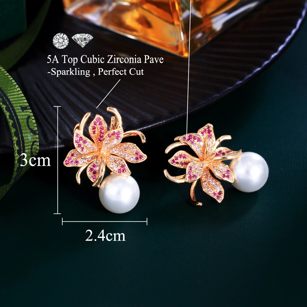 CWWZircons Elegant Pretty Pink Red Cubic Zirconia Blooming Flower Dangle Drop Pearl Earrings for Women Festive Jewelry CZ779