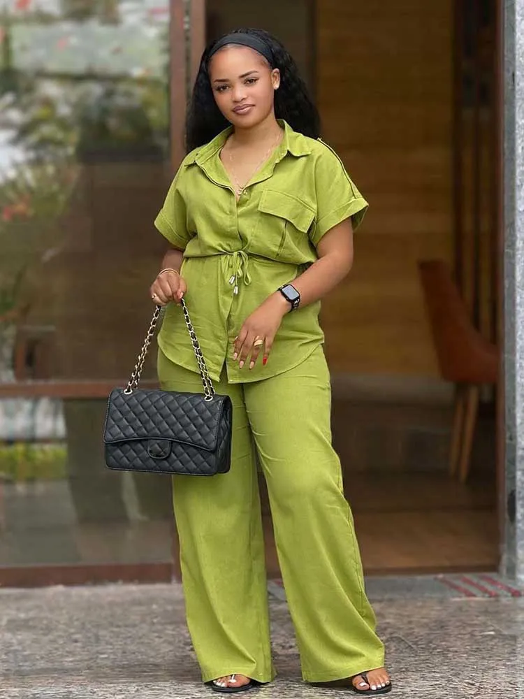 Conjunto de calças verdes e blusa de cintura emagrecedora para mulheres verão cor sólida 2 peças terno feminino chique roupa casual streetwear
