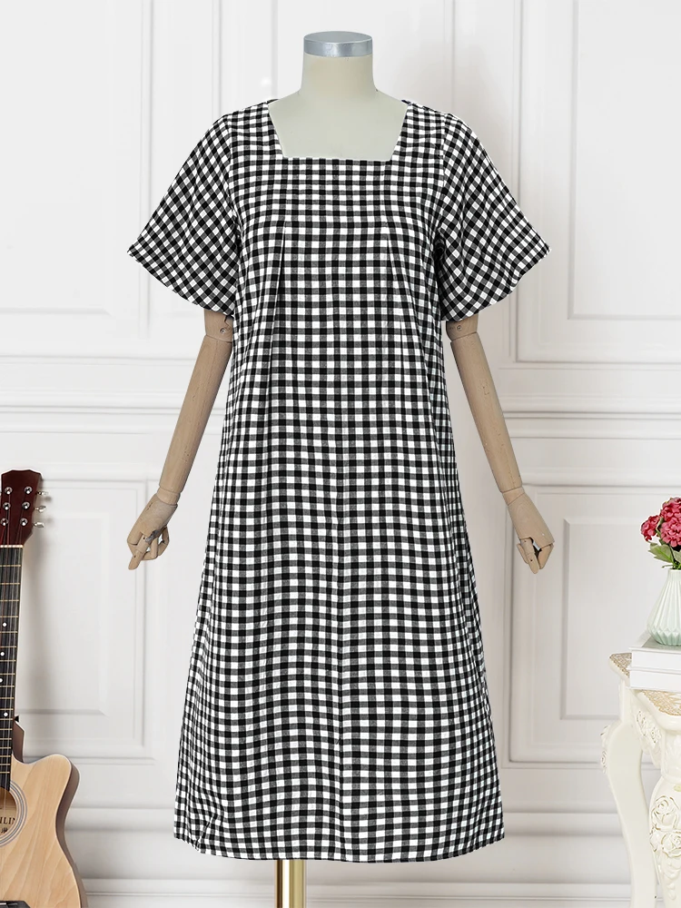 ZANZEA, vestido largo bohemio para mujer, vestido veraniego a cuadros de verano 2021, vestido Vintage para fiesta en la playa, vestido Midi de manga corta abombada con cuello cuadrado