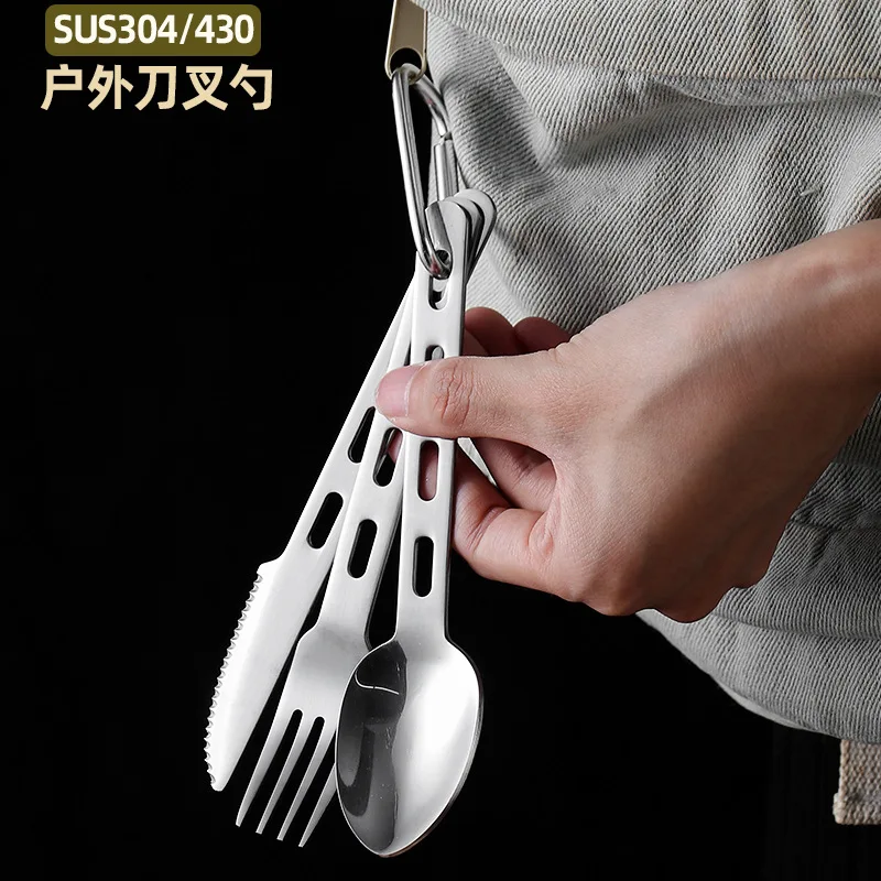 Stainless Steel Soup Spoon and Fork Set, Outdoor Camping Portable Tableware, Picnic Bag, Knife, 3 Piece Set