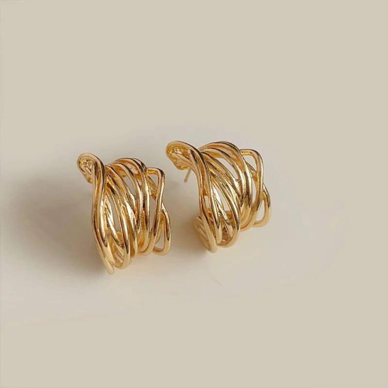French Style Luxury Vintage Copper Multi-layer Twist Irregular Thick C Shape Hoop Earrings Distortion Interweave Wedding Jewelry