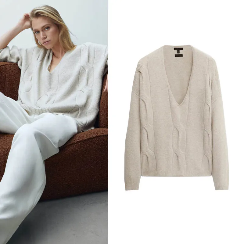 Ladies Long Sleeve Knitted Sweater V-Neck Twist Flower Design Base Layer Lazy Style Comfortable Fit Regular Length Cardigan