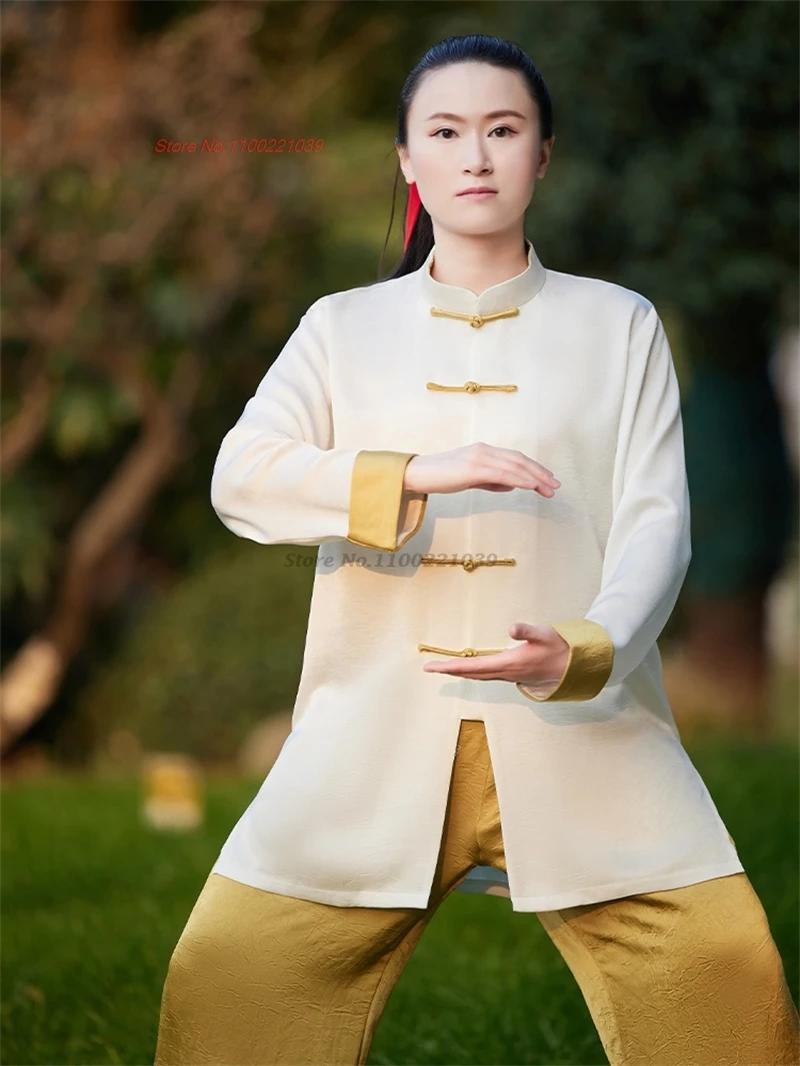 

2024 chinese vintage tai chi wushu martail arts uniform tops+pants set traditional kung fu tai chi training exercise practice