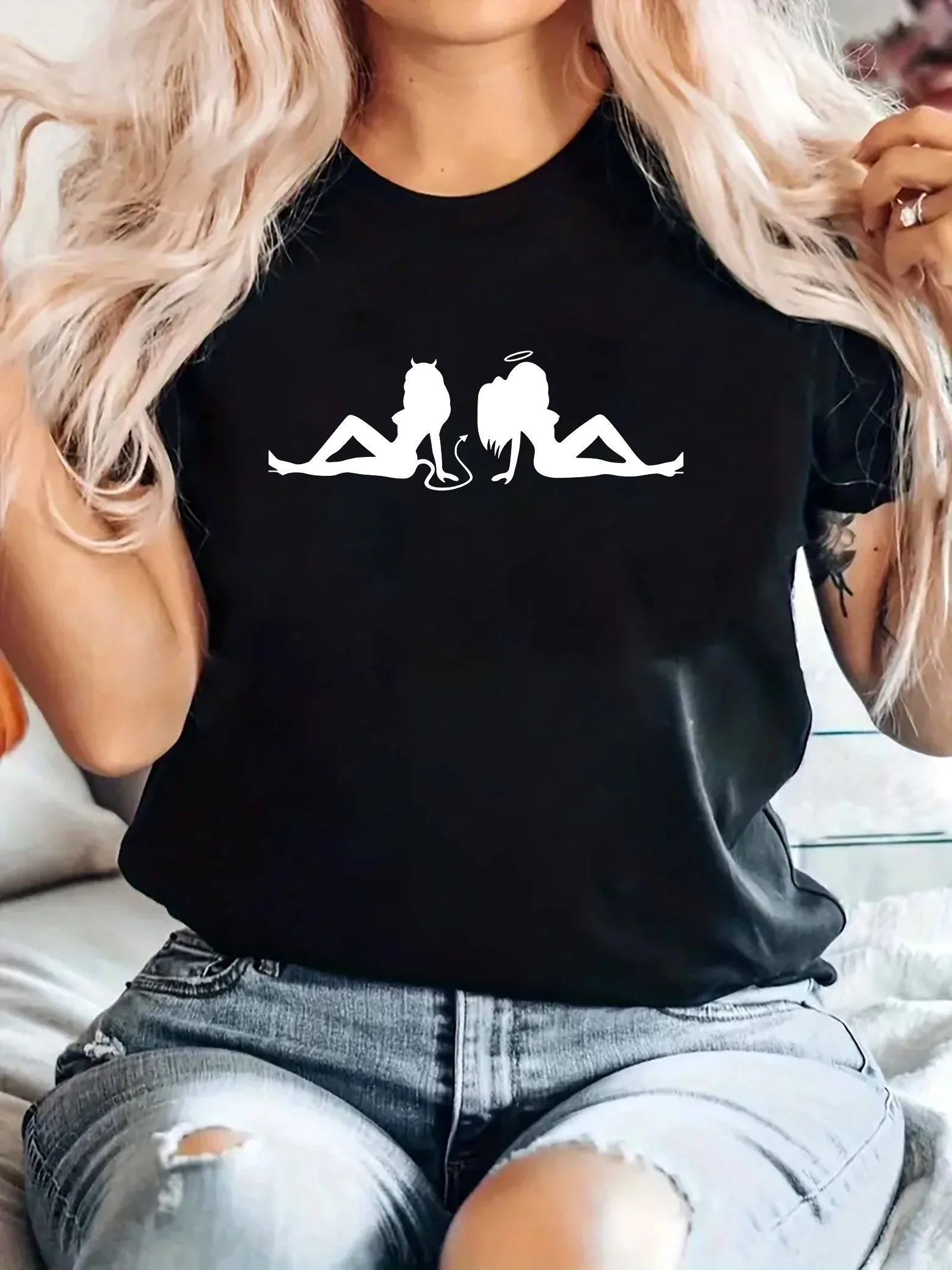 

Angel Devil Graphic Printing Summer Autumn Winter Cotton Men's and Women's T-shirts Short Sleeves Luxury Outdoor Sports Brand