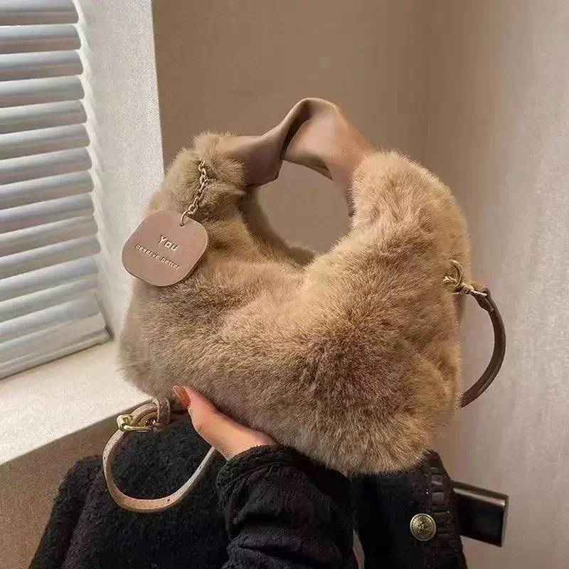 

New Fashion Women Lady Shoulder Underarm Bag Solid Color Soft Plush Handbag Fluffy Totes Purse Autumn Winter Shopping Bag