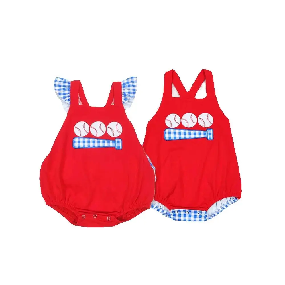 

Baby Infants Girls Red Baseball Straps Ruffle Rompers