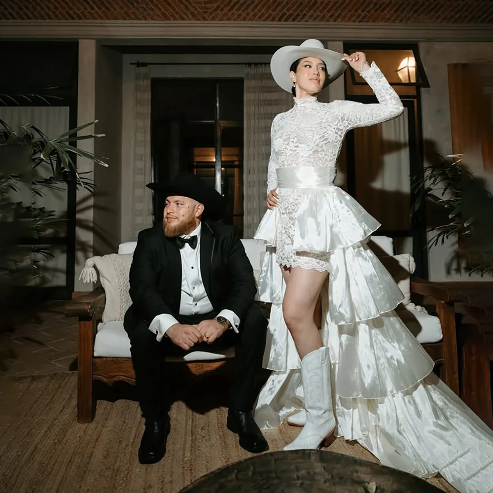 Long Sleeves High Neck Customized Mini Bride Gown Embroidered Organza Detachable Layered Ruffles Train Floral Lace Wedding Dress