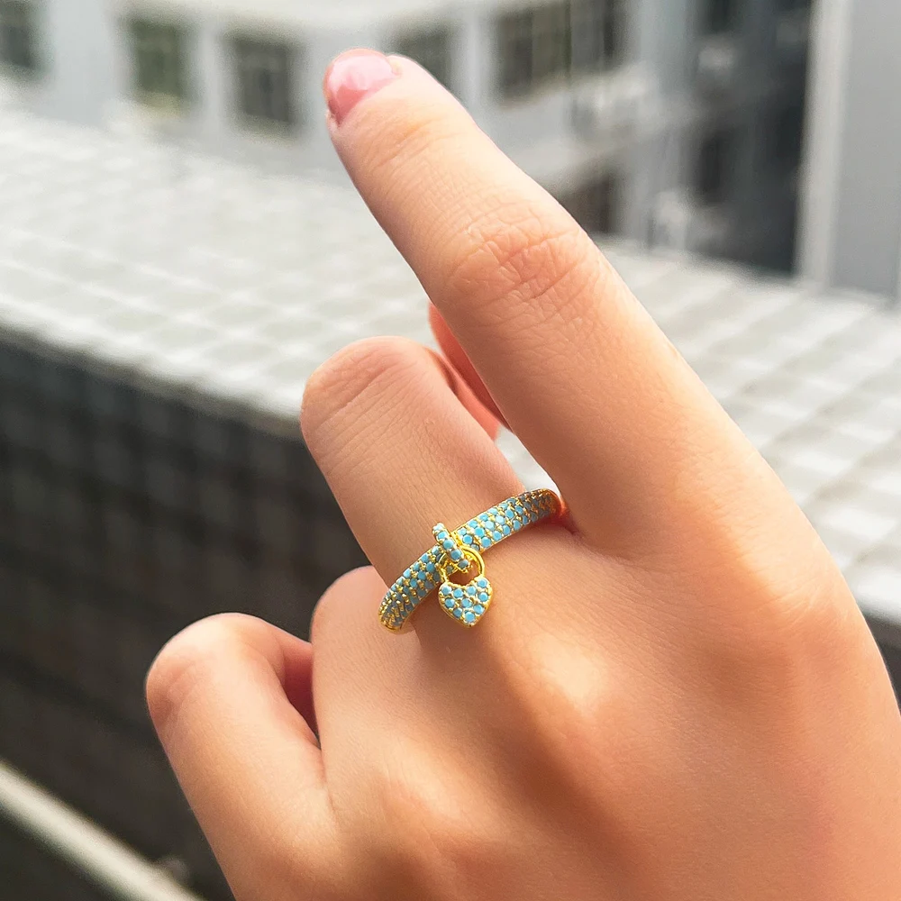 ThreeGraces New Trendy Light Blue Cubic Zirconia Gold Color Open Size Small Heart Charm Ring for Women Chic Party Jewelry R308