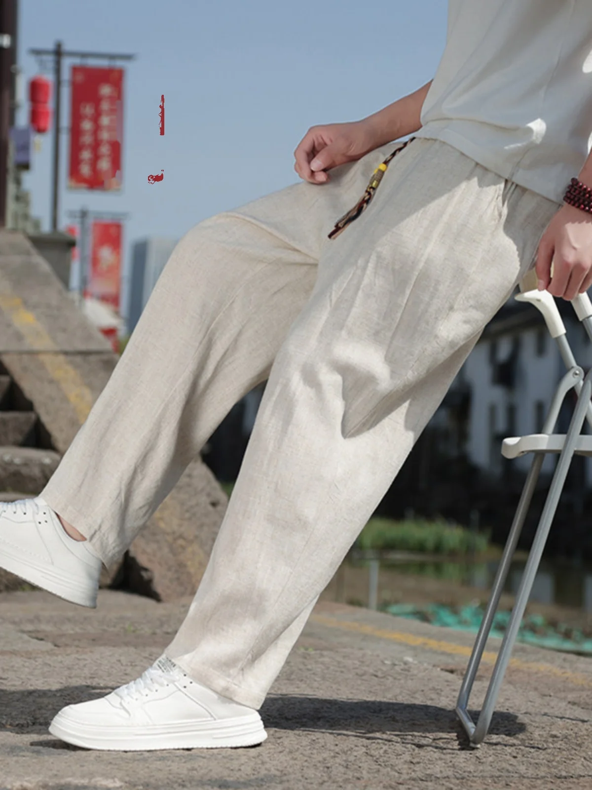 

Мужские летние тонкие свободные льняные брюки из ледяного шелка и хлопка, широкие прямые брюки-палаццо, новые повседневные брюки в китайском стиле