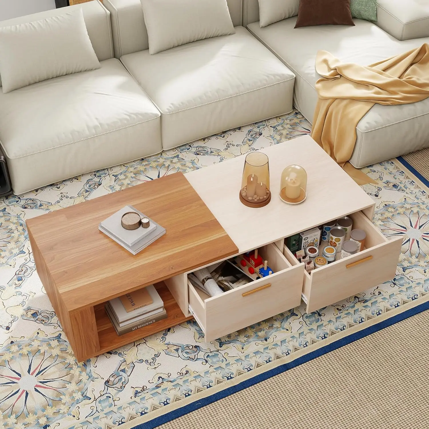 طاولة قهوة قابلة للتمديد مقاس 42 بوصة - 65 بوصة مع مساحة تخزين، طاولة قهوة خشبية قابلة للعكس مع درجين، علامة تبويب مركزية كبيرة قابلة للتعديل بلونين