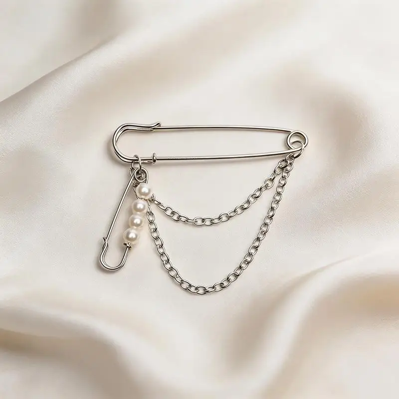 Pearl Chain Safety Pin Brooch Elegant Anti-slip Design for Dress Waist Adjustment Jacket Party Outfit Accessory