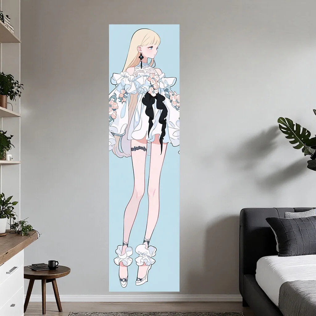 Blonde Anime Girl Two Outfits Tapestry White Floral Black Lace Manga Wall Hanging Kawaii Gothic Aesthetic Bedroom Dorm Deco