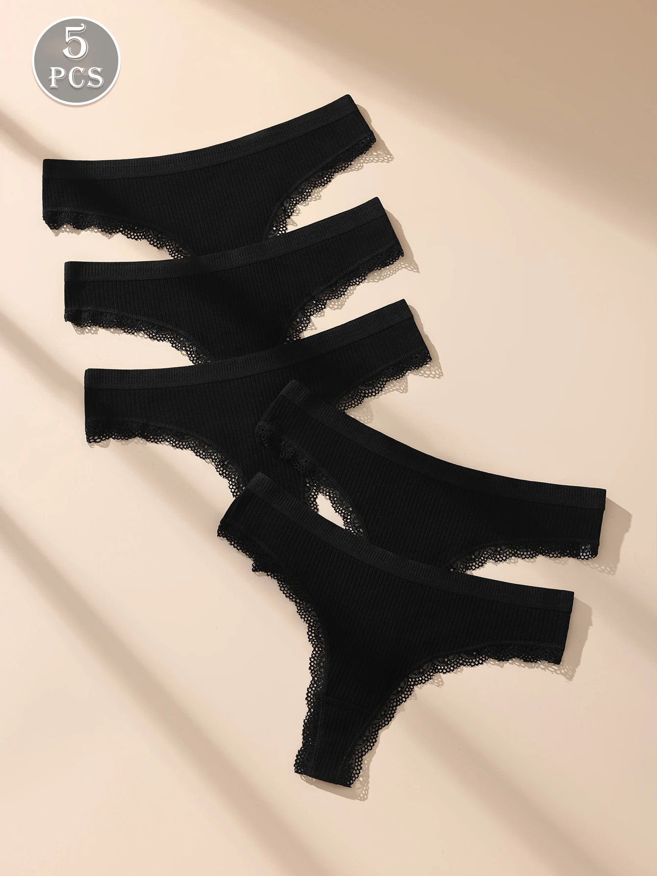 5Pcs/Set Women Thongs Sexy Lace Panties Low Waist Underwear Briefs G-String Breathable Cotton Ladies Panty Black Female Lingerie