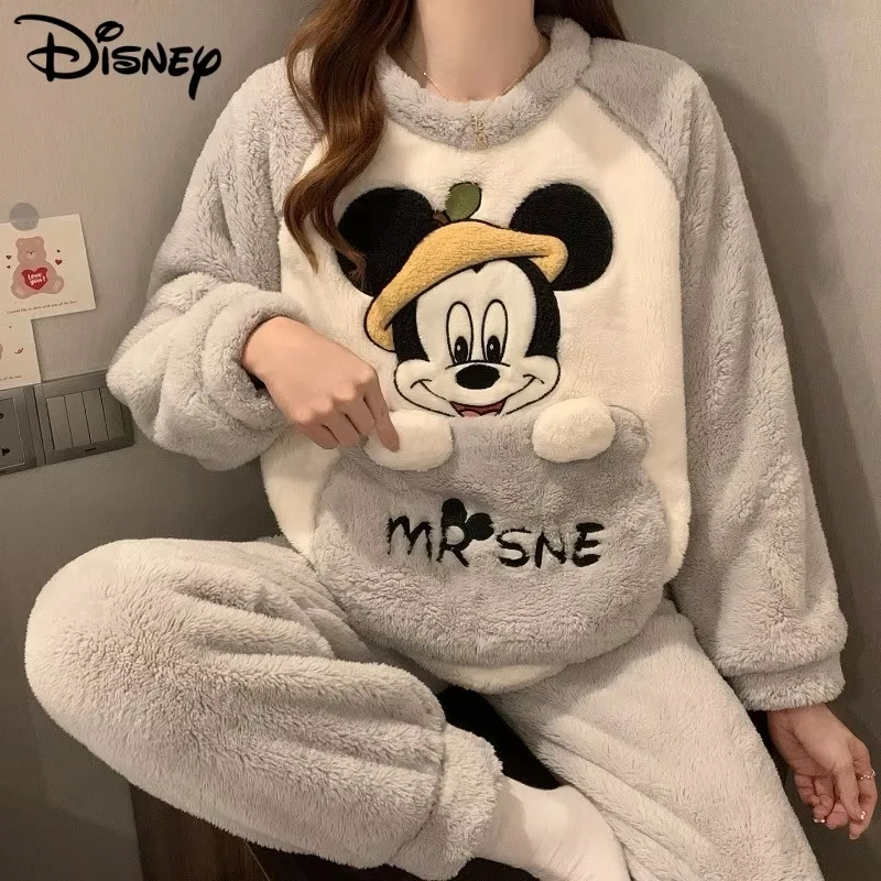 

Kawaii Disney Series мультфильм милый Микки новая утолщенная флисовая пижама унисекс теплый повседневный свободный комплект из двух предметов для ношения на улице