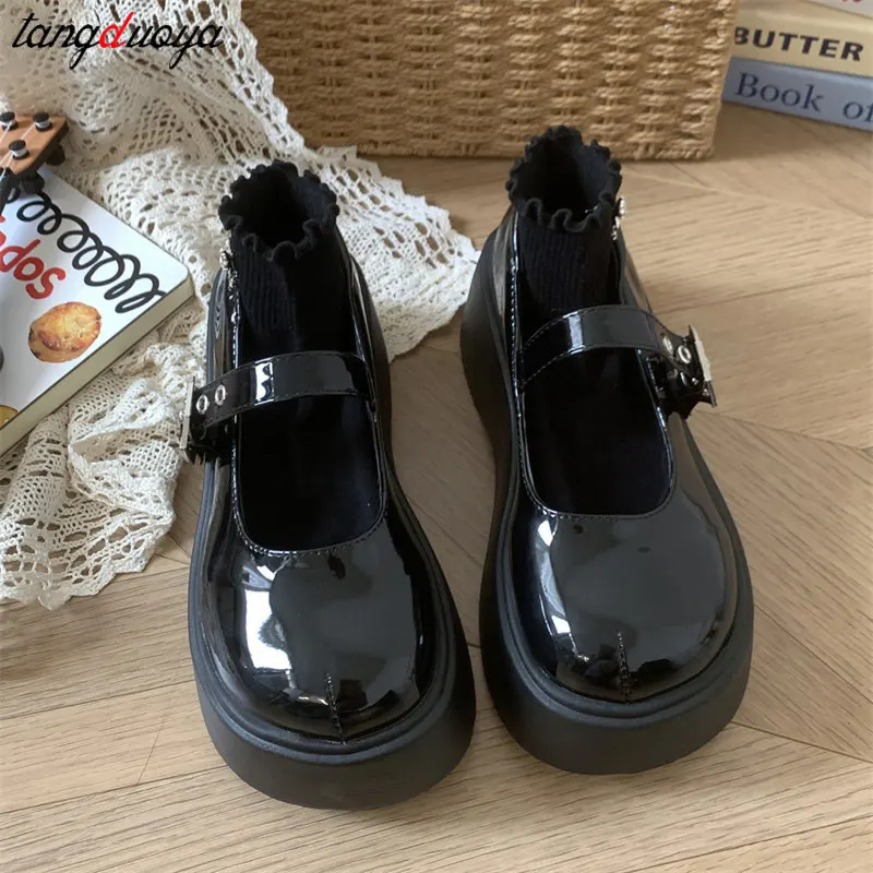 Kobiety Gruba Platforma Mary Janes Lolita Shoes Party Pumps New Bowknot Buckle Small Leather Shoes Woman Vintage JK Uniform Shoes