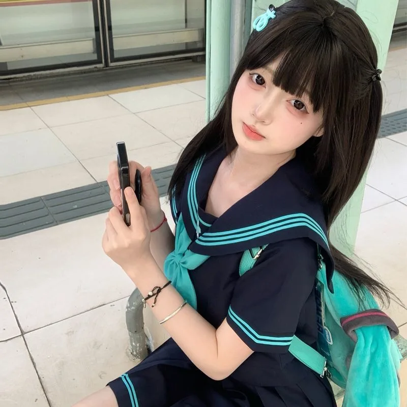 JK 유니폼 선원 복장 정품 일본 대학 스타일 기본 학생 반팔 양복 귀여운 역할 놀이 반팔 여름 청록색