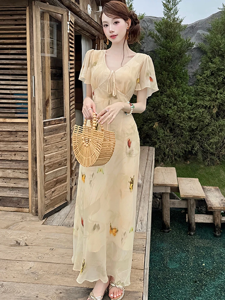 الصيف بوهو الشيفون طباعة Burfferfly فستان طويل غير رسمي المرأة شيك القوس الخامس الرقبة فستان مناسبات 2025 الكورية أنيقة Bodycon Vestidos