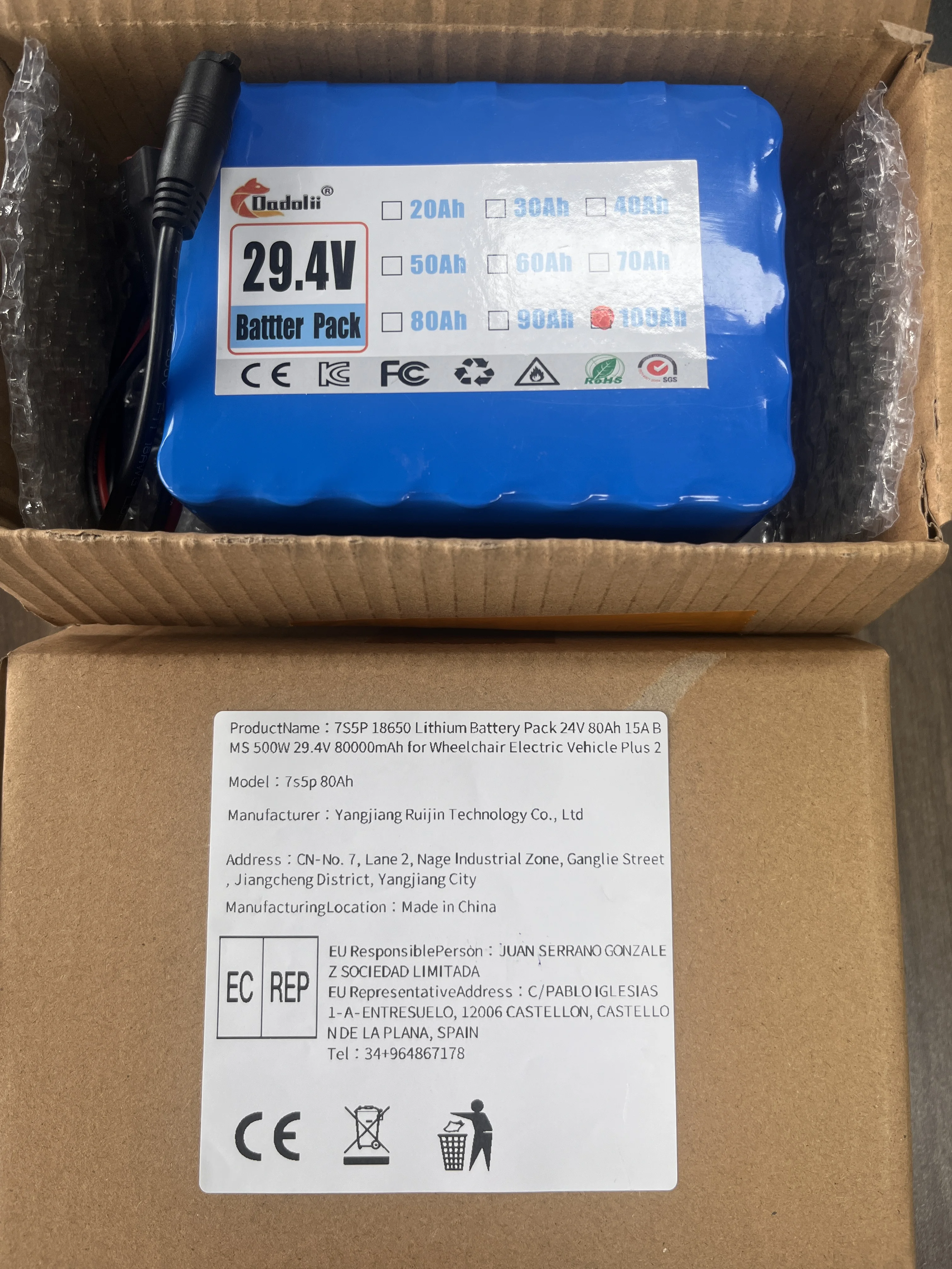 

7S5P 29V 100Ah 18650 Lithium Ion Rechargeable Battery Pack for 29V Electric Bicycle Motor/scooter with BMS Optional interface