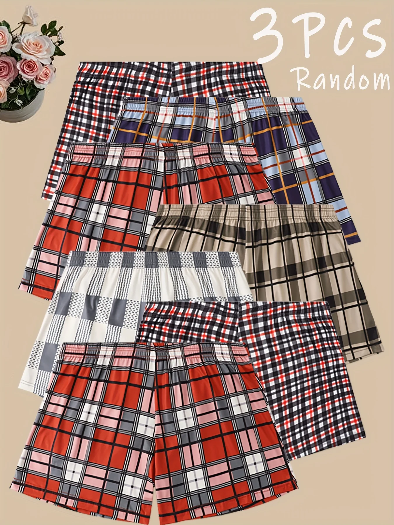 

3Pcs Random Plaid Boxer Shorts for Men, Comfortable Casual Underwear, Fashion Checkered Pattern Lounge Underwear
