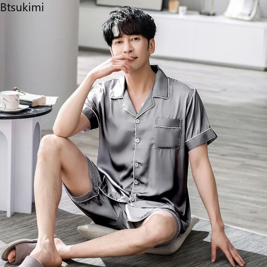 New 2025 Men's Summer Ice Silk Short Sleeved Shorts Two Piece Pajamas Set Thin and High-end Simulation Silk Cardigan Home Wear
