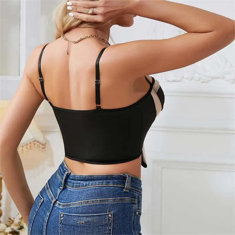 Sexy  Mesh  Bustier Crop Top - Hollow Out Colorblock Spaghetti Strap Camisole Tank Top  for Women