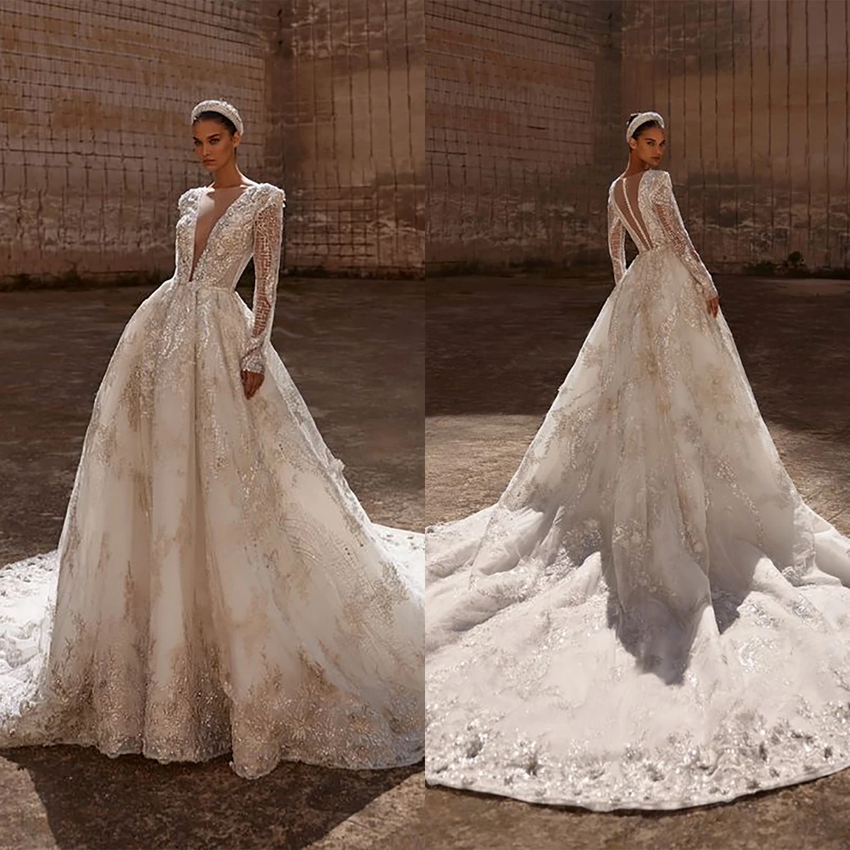 Robe de Mariée Élégante en Dentelle avec Col en V Profond, Sexy, avec Perles Appliquées, pour Patients, sur Mesure, avec Traîne à lèvent dans le Dos