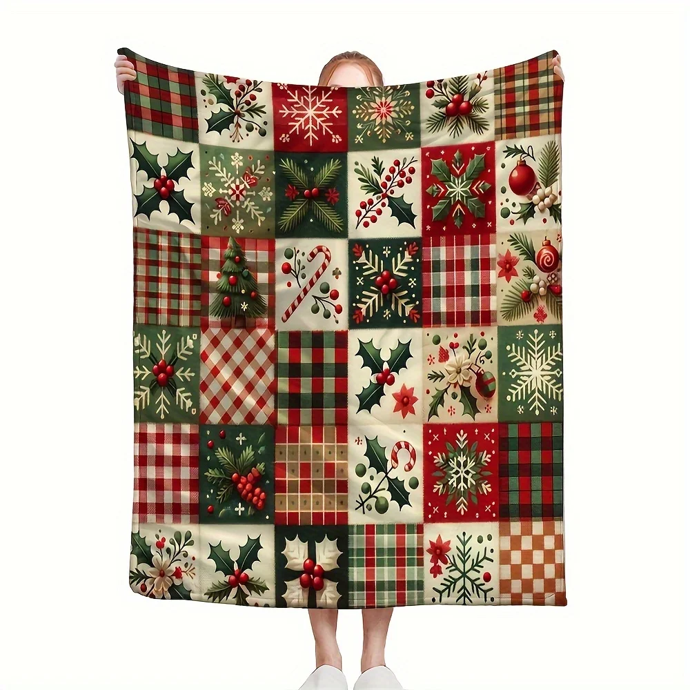 Christmas Joy Patchwork Fleece Blanket - Cozy Red & Green Holiday ,Perfect for Living Room or Bedroom Decor, Adds Festive Cheer