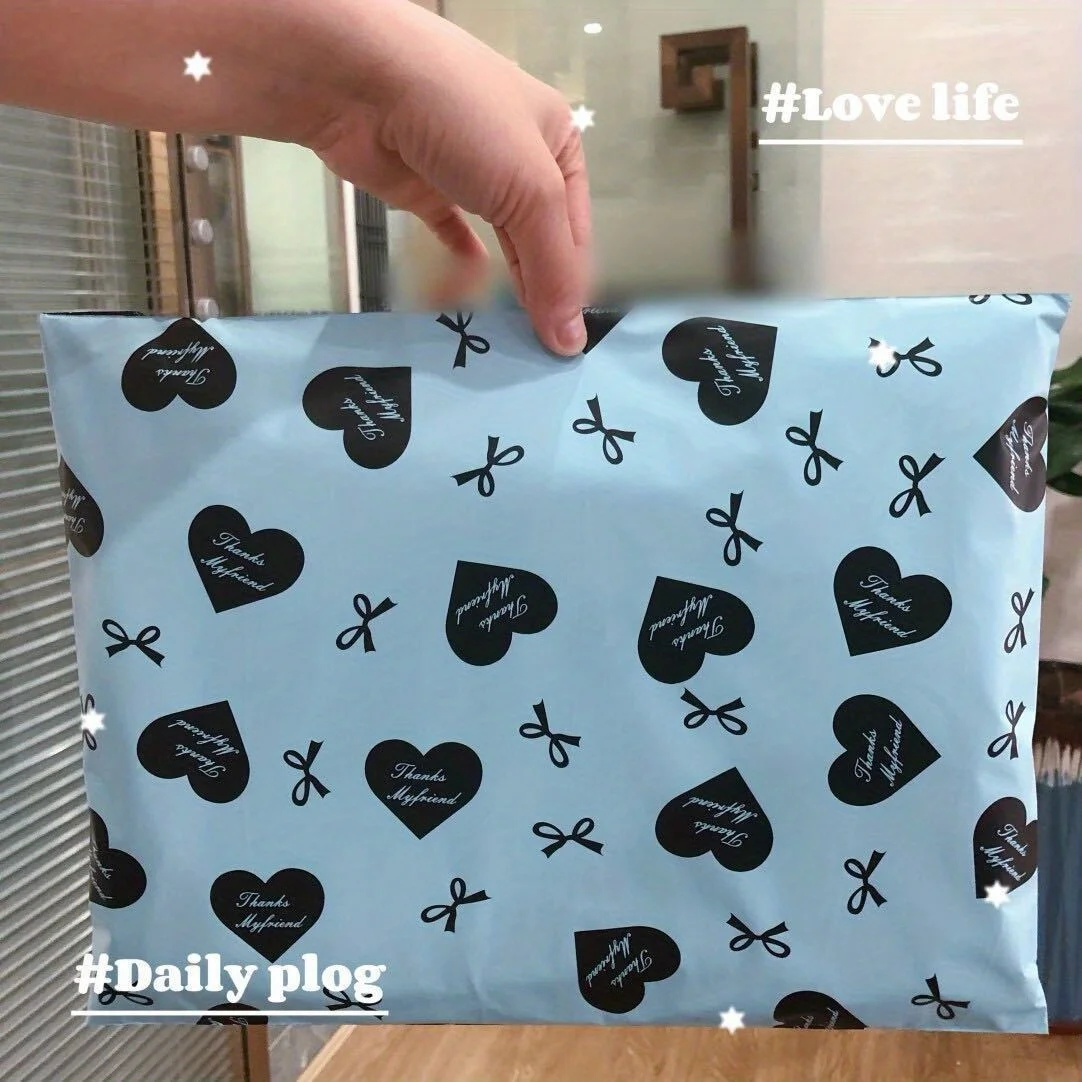 Light Blue Heart Print Poly Mailer Bags, Thank You Self Adhesive Shipping Bags, Waterproof Tear Resistant Mailing Envelopes for