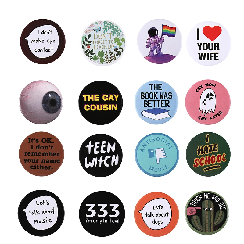 Tinplate Pin Button Custom Fun Written Words Terror Eyeball Hip-Pop Horror Comic Brooches Cartoon Collar Badge Jewelry Gift Fans