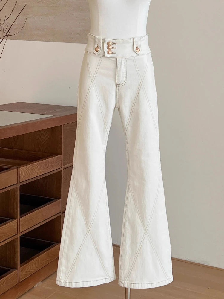 

Beige Denim Pants Women Autumn High Waist Gold Buckle Line Stomp Jeans Fashion Tight All-Match Casual Flared Trousers 2025 New