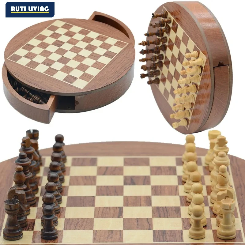 Magnetic Rotating Chess Set, Round Wooden Board with Spinning Drawer Storage, 32 Magnetic Pieces Travel Game