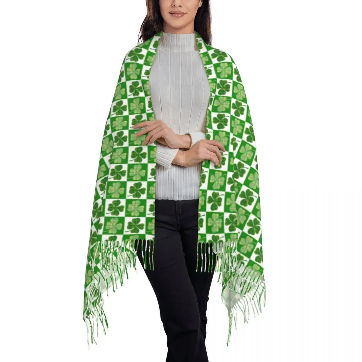 Cute Shamrock Scarf Women Checkerboard Print Head Scarves with Tassel Autumn Fashion Shawls and Wraps Outdoor Designer Foulard