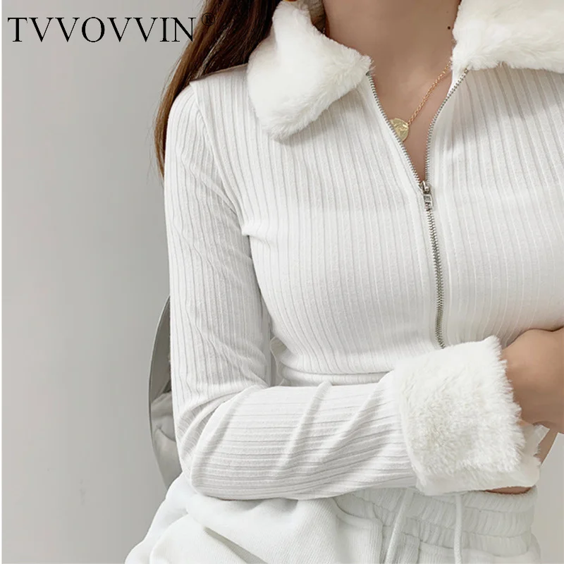 TVVOVVIN moda collo di pelliccia manica lunga Cardigan lavorato a maglia sottile tinta unita filettatura aperta ombelico cerniera maglione coreano