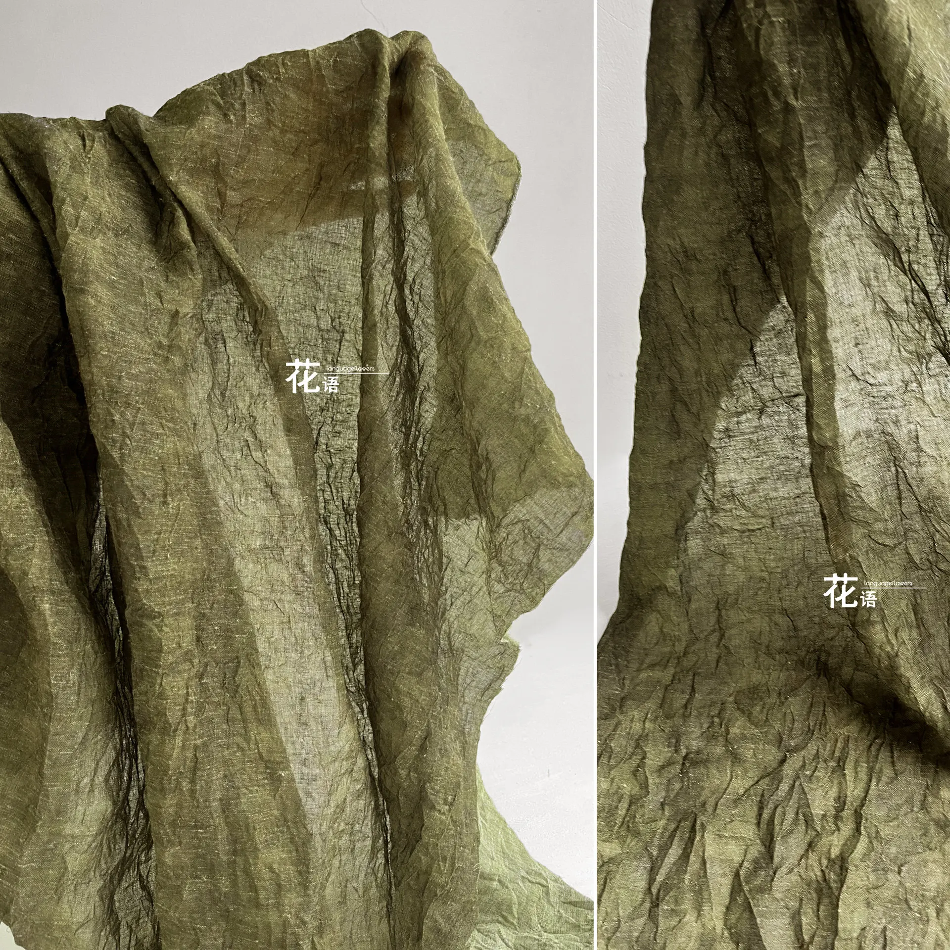 Army Green Cotton Linen Designer Fabric Lightweight Crushed Texture for Skirt Sewing, Dressmaking and Handmade Clothing Projects