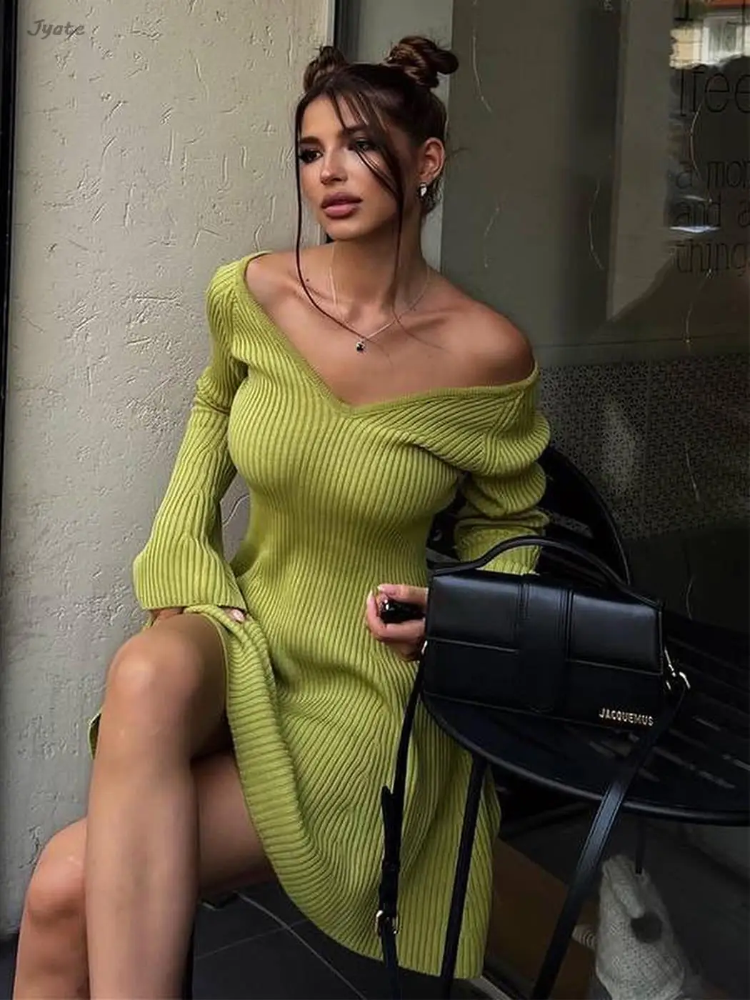 V-neck Long Sleeved Sexy Short Dress Knitted Autumn Winter Solid Color A-line Backless Pleated Women Dresses Fall Fashion 2024