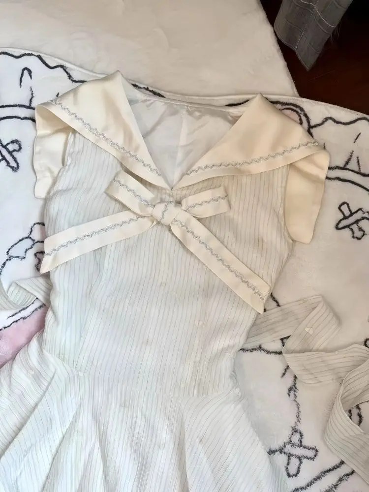 New Summer Kawaii Sailor Collar Crop Top 2 Piece Set Women Bow Decor Pleated Mini Skirt Slim Fit High Waist School Daily Outfit